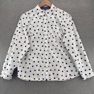 Talbots Shirt Womens Extra Large White Polka Dot Button Up Long Roll Tab Sleeve